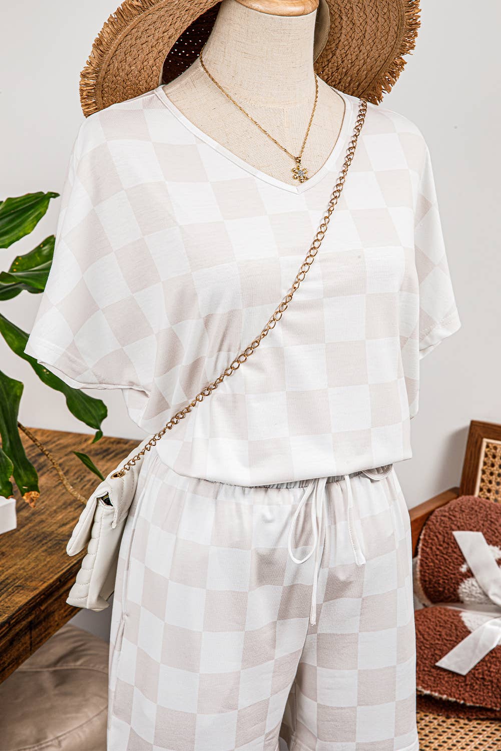 Fashion-W Checkered V Neck Tee Drawstring Shorts Lounge Set