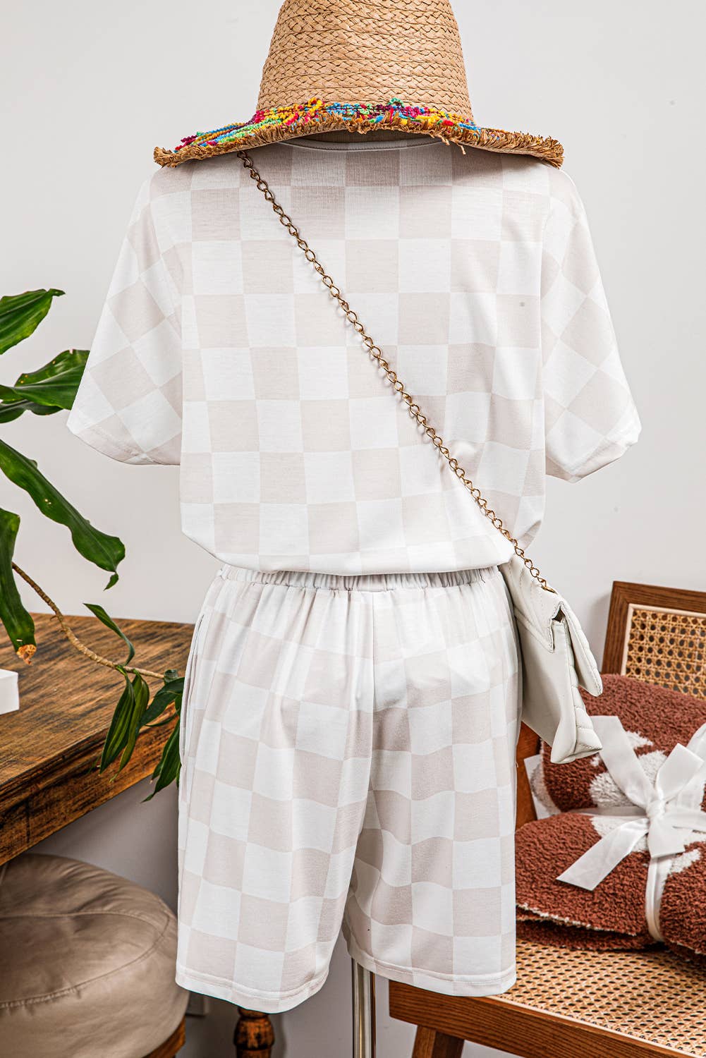 Fashion-W Checkered V Neck Tee Drawstring Shorts Lounge Set