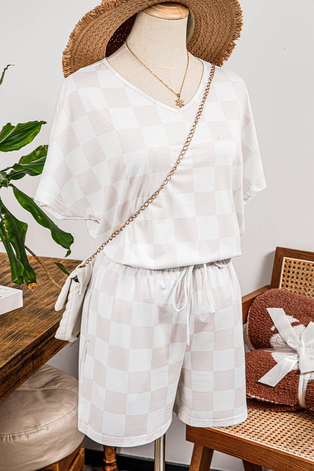 Fashion-W Checkered V Neck Tee Drawstring Shorts Lounge Set
