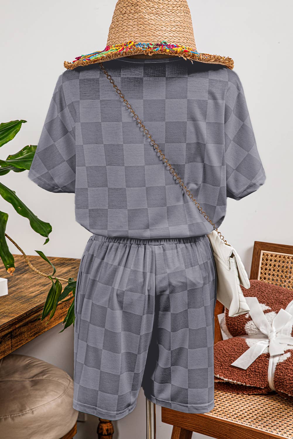 Fashion-W Checkered V Neck Tee Drawstring Shorts Lounge Set
