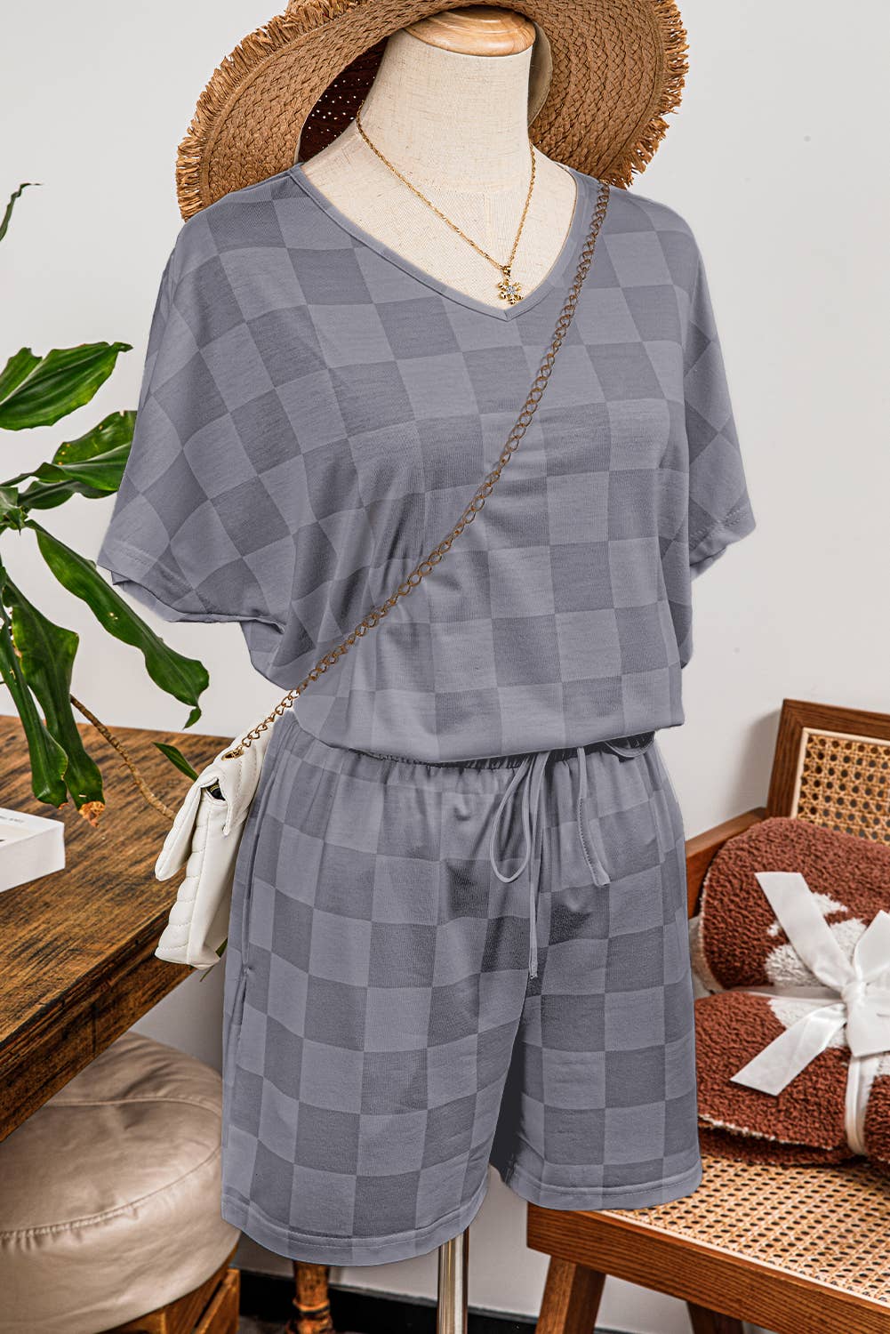 Fashion-W Checkered V Neck Tee Drawstring Shorts Lounge Set
