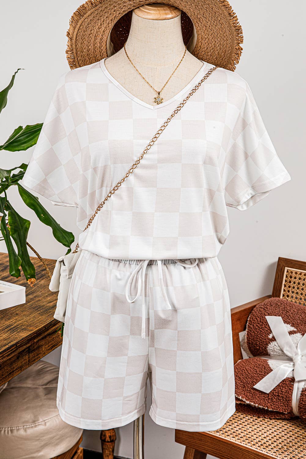 Fashion-W Checkered V Neck Tee Drawstring Shorts Lounge Set