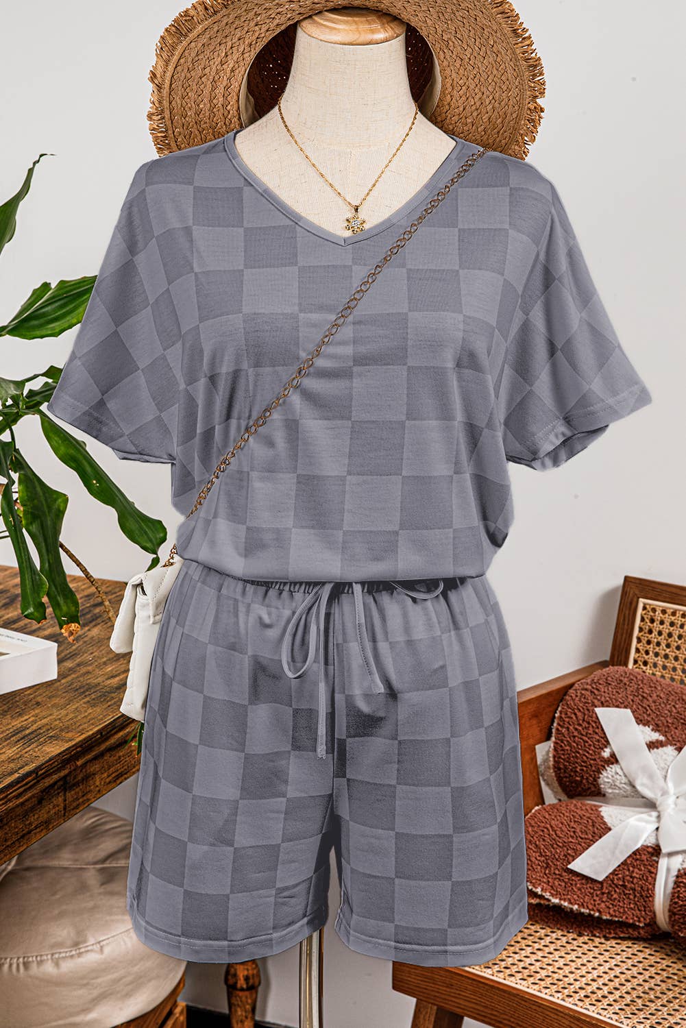 Fashion-W Checkered V Neck Tee Drawstring Shorts Lounge Set